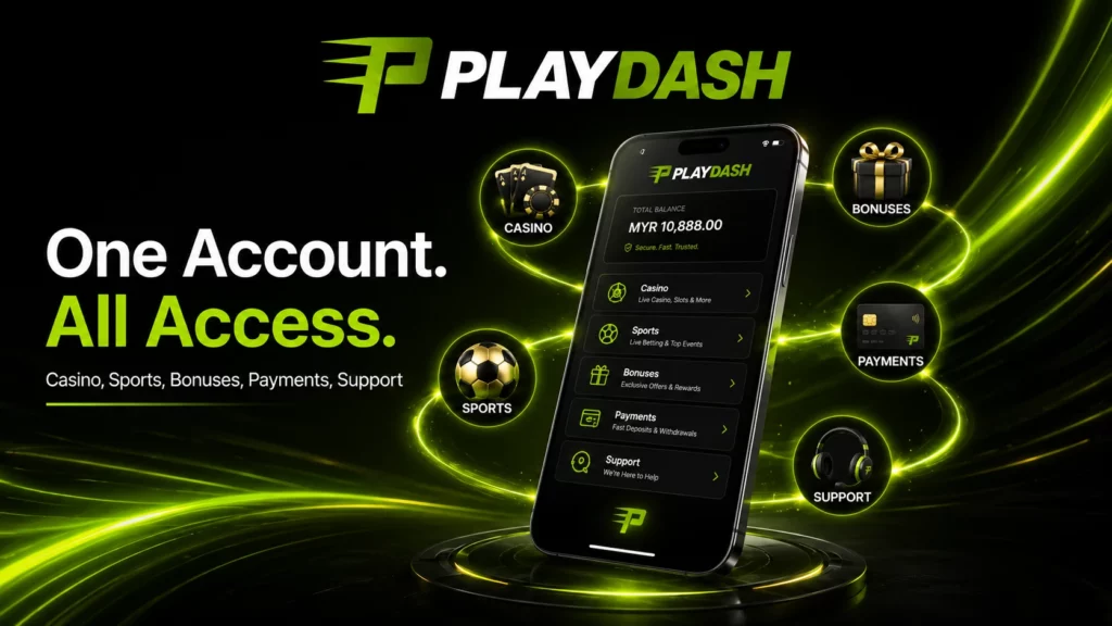 PlayDash one account all access image showing casino, sports, bonuses, payments and support in one profile