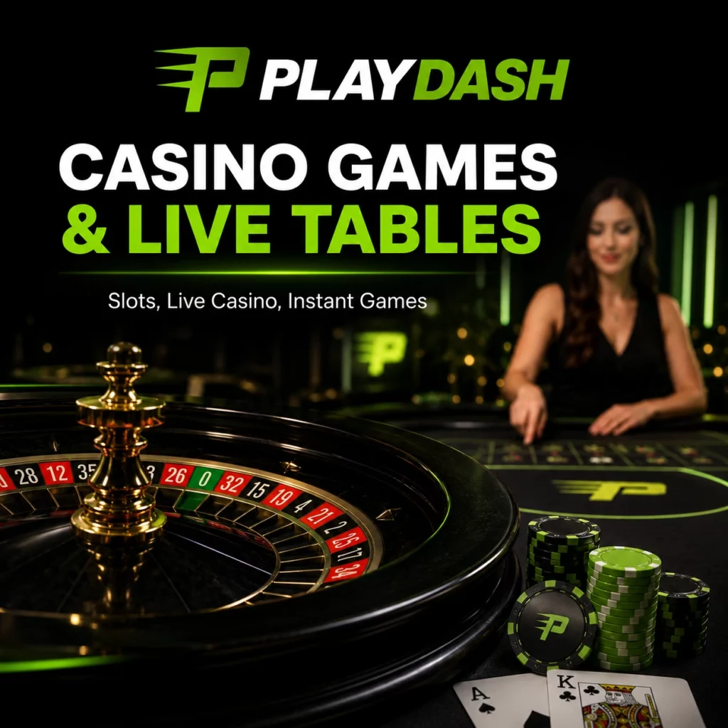PlayDash casino games and live tables image with roulette, cards, chips and live dealer scene