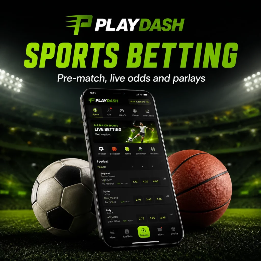 PlayDash sports betting image with mobile sportsbook, football and basketball for pre-match and live odds