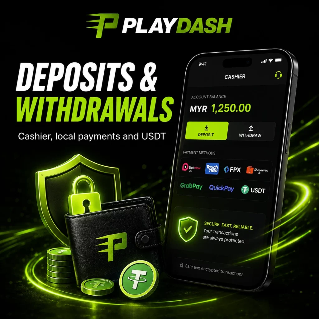 PlayDash deposits and withdrawals image with cashier, local payment methods and USDT