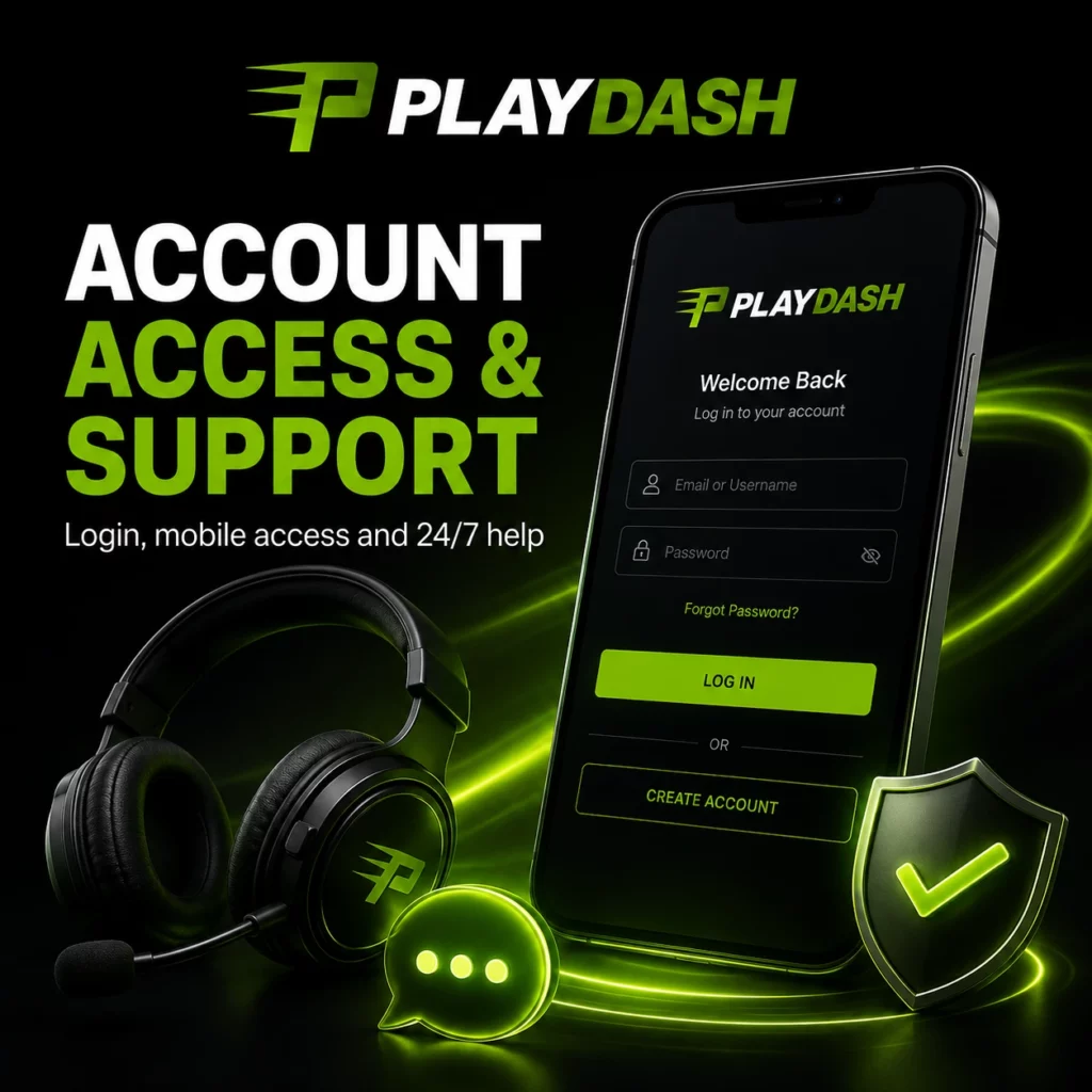 PlayDash account access and support image with login screen, headset and 24/7 help theme